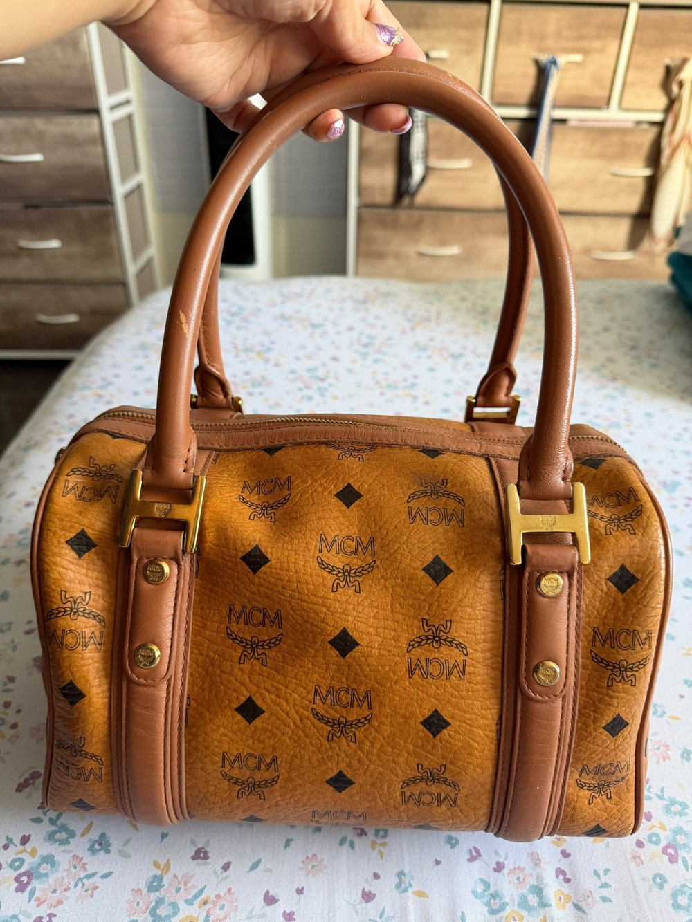 MCM Cognac Visetos Mini Satchel in Tan Leather Trim - Picture 2 of 10